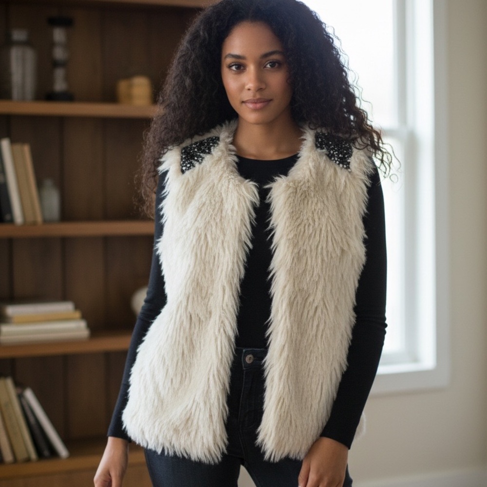 Forever 21 Cream Faux Fur Vest with Beaded Shoulder Embellishments - Picture 5 of 6